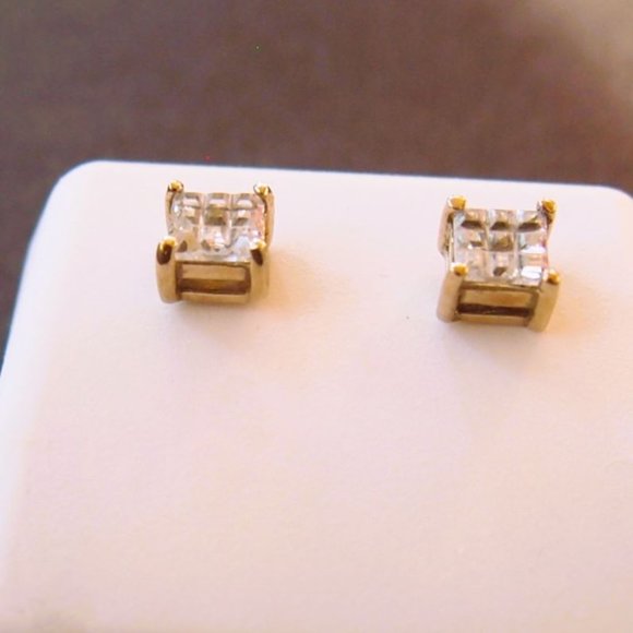 NOS 14 K. Gold Over .925 Sterling Silver Diamond Earring Studs 6mm x 6mm - Picture 2 of 4
